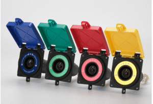 High-current, fast-charging emergency power outlet and plug for electric vehicles.