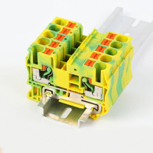 PT6-PE grounding terminal block with two push-in connectors for mounting.